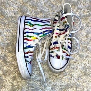 Metallic Rainbow Zebra Print on White Hightop Converse.